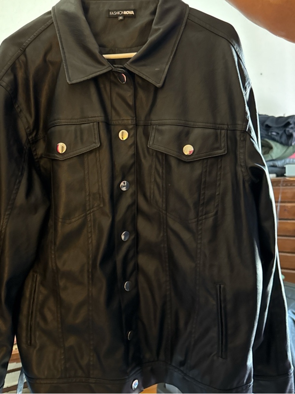 Fashion Nova Black Faux Leather Snap-Front Bomber Jacket